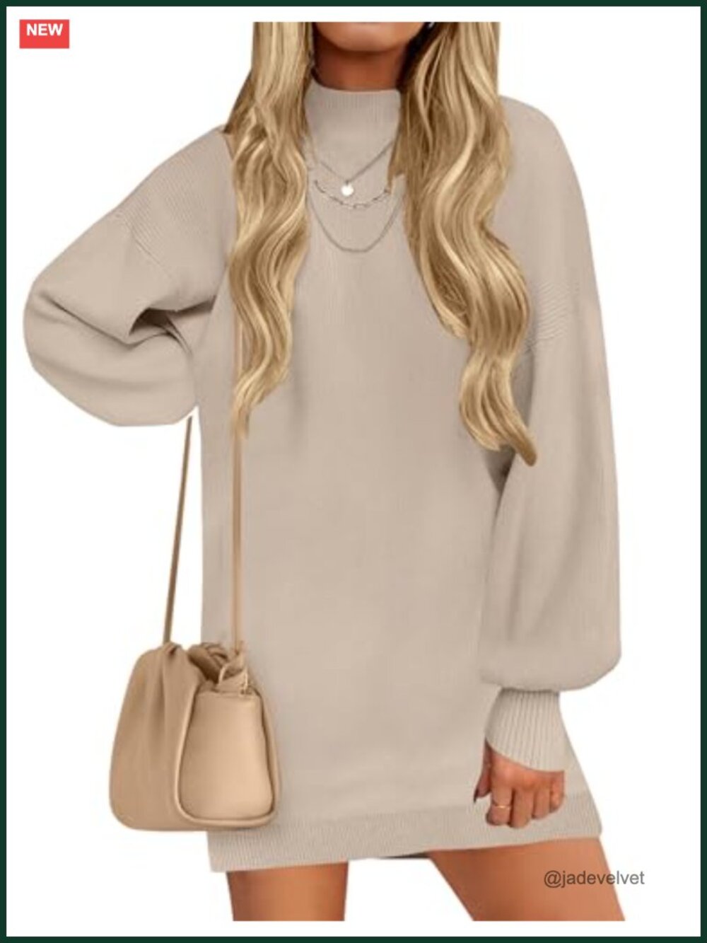 Mock Neck Mini Sweater Dress Lantern Sleeve Ribbed Knit Pullover